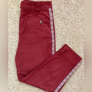 Anthropologie Scandi Girl Deep Red Tapered Pants w/colorful PatternTrim